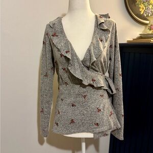 Altar’d State Gray Ruffled Wrap Sweater with Floral Embroidery, S